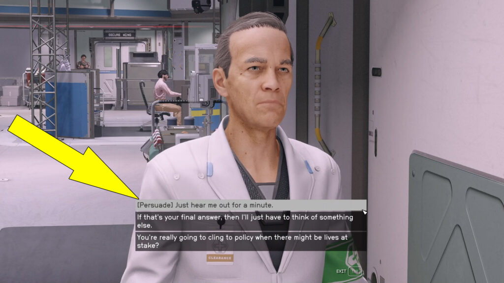 Once you find Dr. Titus Cassidy, speak with him until the dialogue option, "[Persuade] Just hear me out for a minute," comes up.