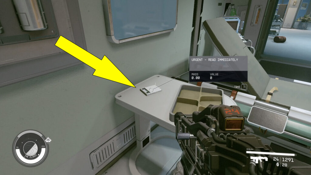 Search the table next to the hospital bed, where you will find a slate titled "Urgent - Read Immediately."