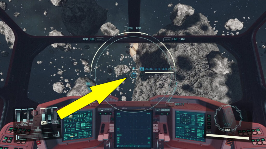 After you jump to Sakharov, get within 500m of the Abandoned Asteroid Mine called Eklund Site CL25 and dock your ship.