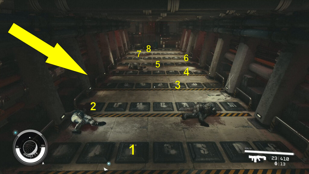 To solve the Mantis floor puzzle in Starfield, you must walk across the puzzle's 8 rows of letters and spell out the word "TYRANNIS".