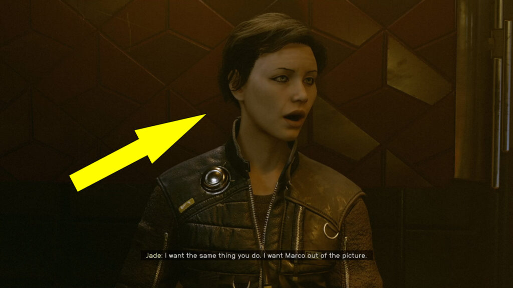 From this conversation, you'll learn that Jade MacMillan is the head of a small smuggling cartel based outside of Freestar Collective space and wants Marco out of the picture as well.