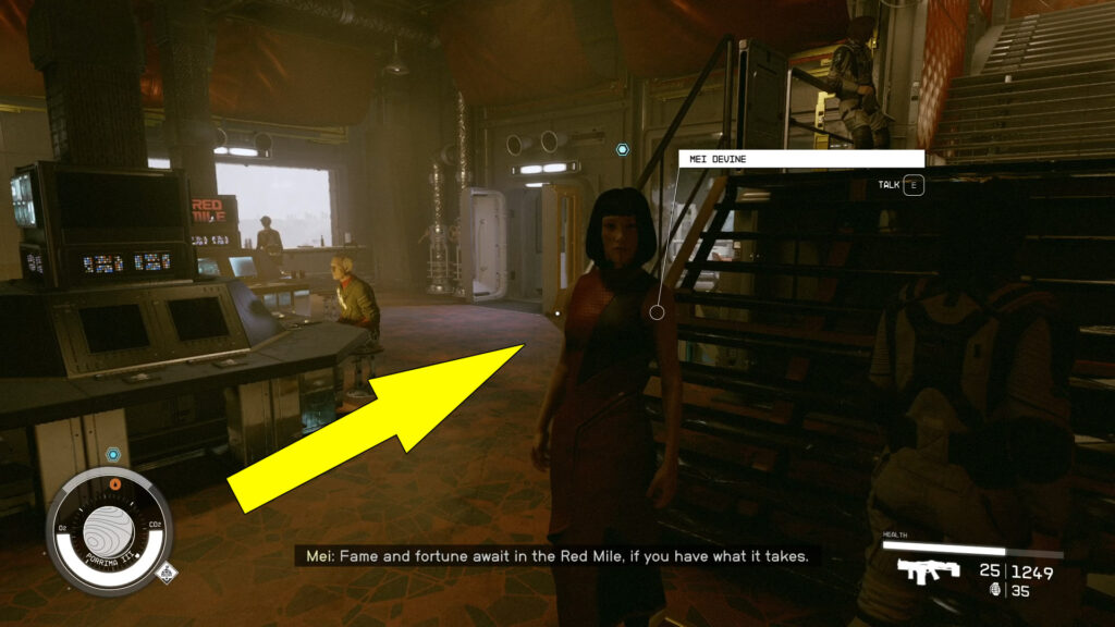 After finishing your conversation with Jade and Autumn, take a stroll past the bar. You'll spot Mei Devine standing by the railing, wearing a stunning red dress.