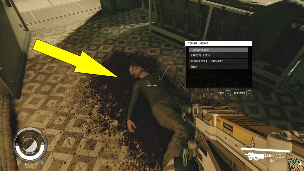 If you see the Topher's body, you can find a few aid items, credits, and the Topher's Key. 