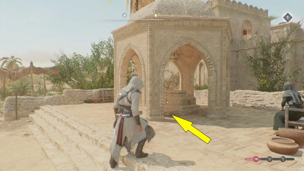 The AC Mirage Joy Beneath Weeping Palms Enigma Page is on the ground in a small temple.