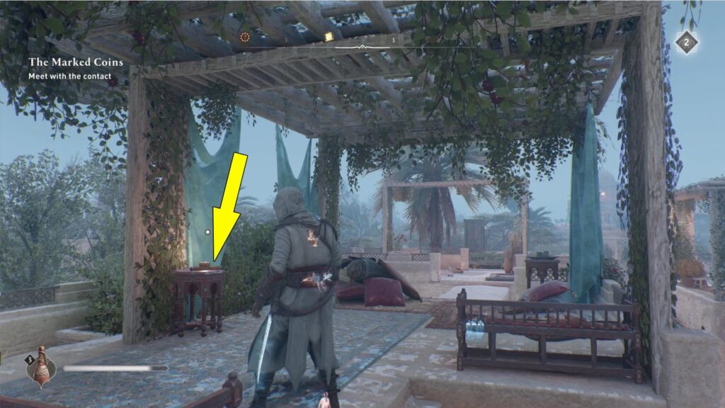 The scroll containing the enigma sits on a table on the roof.