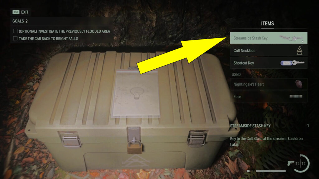 Select the key from the items menu to unlock the stash and gather the supplies.