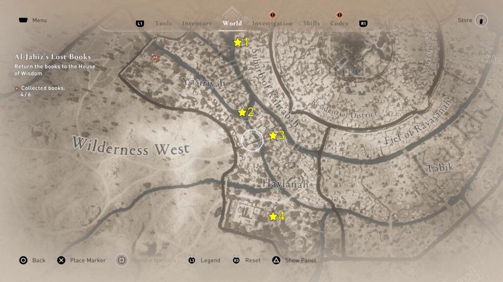 The map shows the locations of the four AC Mirage Abbasiyah Dervis Artifacts.