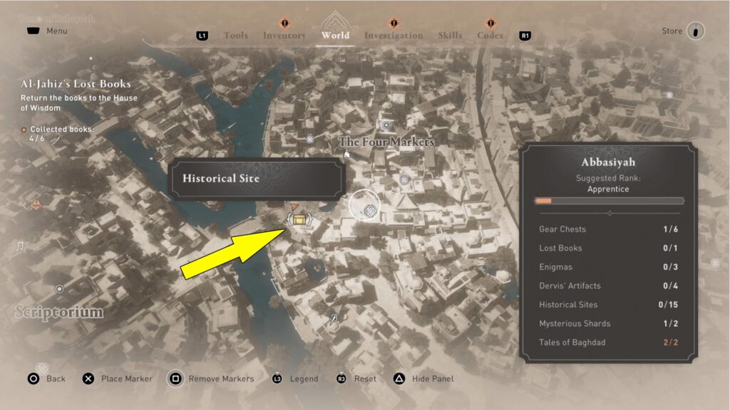 The AC Mirage Four Markets Gear Chest is inside a locked building on the western side of the market.