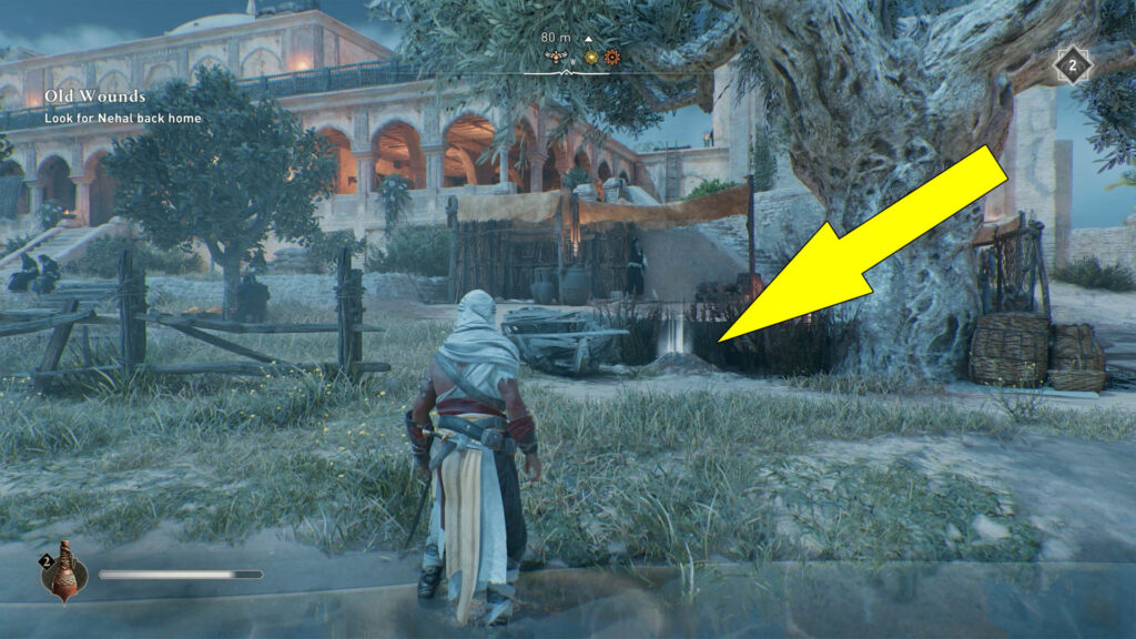 Search the tree's base located in the northeastern part of the monastery near the riverbank for a glowing dirt mound.