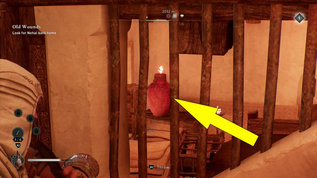 To open the locked door, use a Throwing Knife to break the explosive pot.