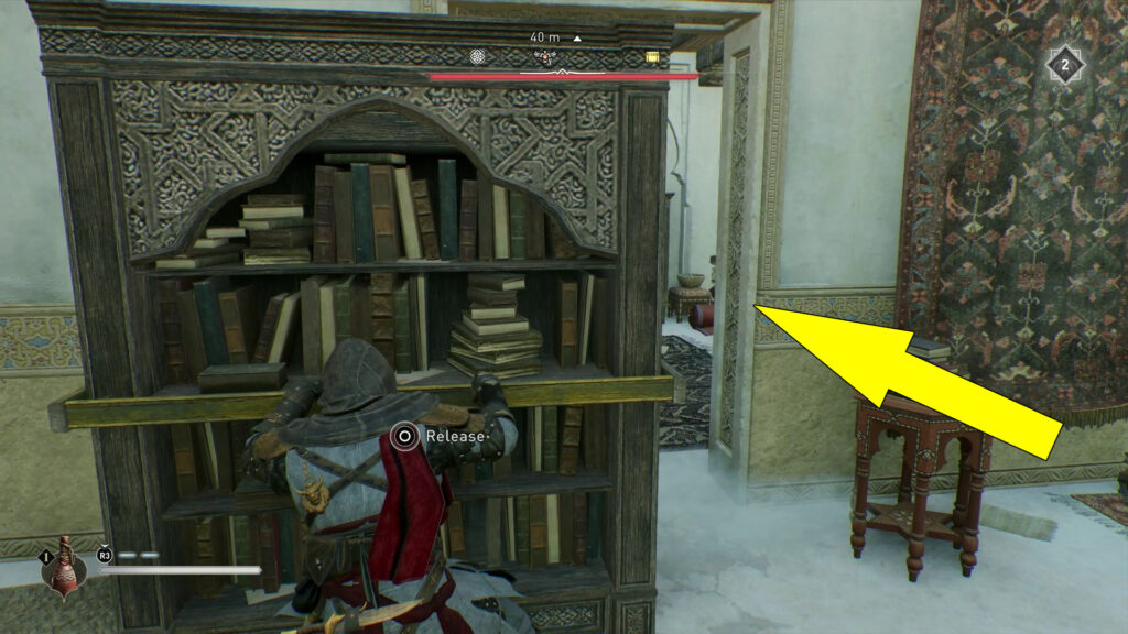 Move the bookshelf to reveal the hidden room with the Gear Chest.