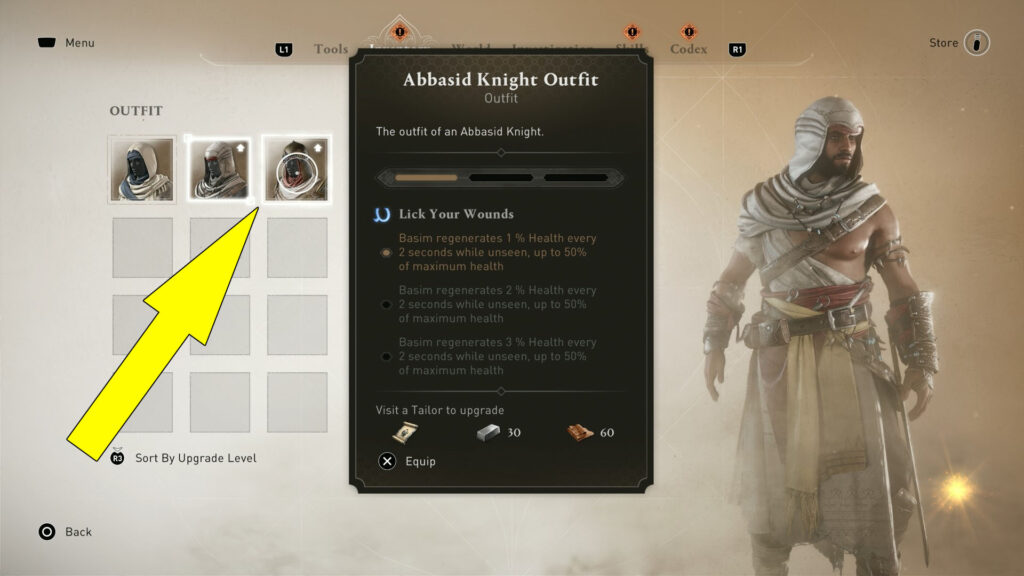 The Abbasid Knight Outfit allows Bassim to regenerate 1% of Health every 2 seconds while unseen, up to 50% of maximum health.