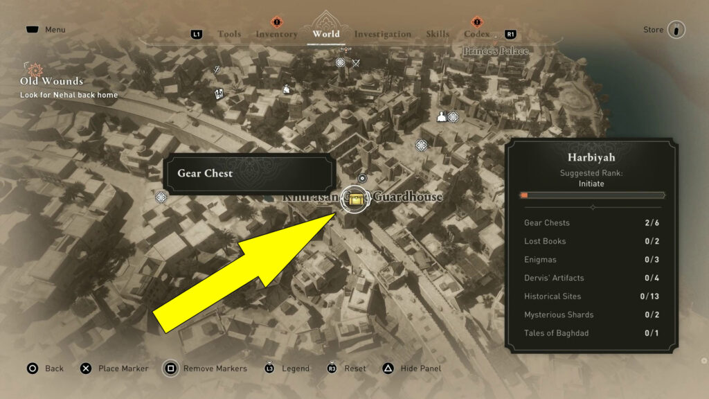 You can find the Gear Chest inside a storage area on top of the Khurasan Gate Guardhouse.
