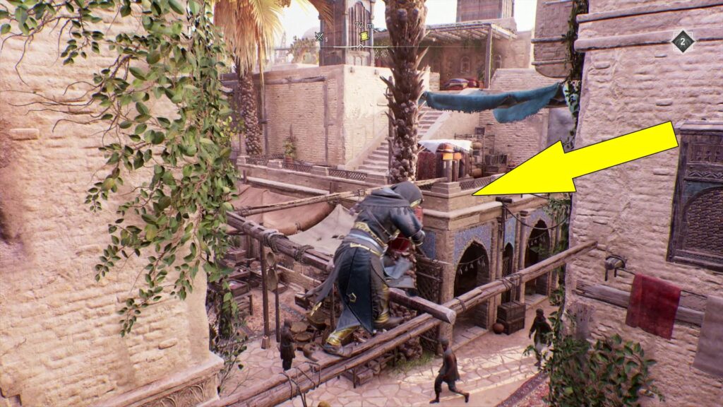 While holding the explosive pot, cross the wooden beams to reach the flight of stairs on the other side.