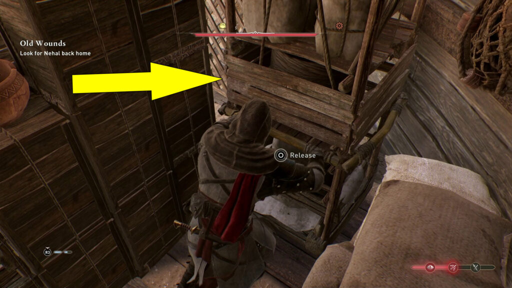 Go right, follow the path to the back of the storage room. Find the third shelf and pull it all the way back.