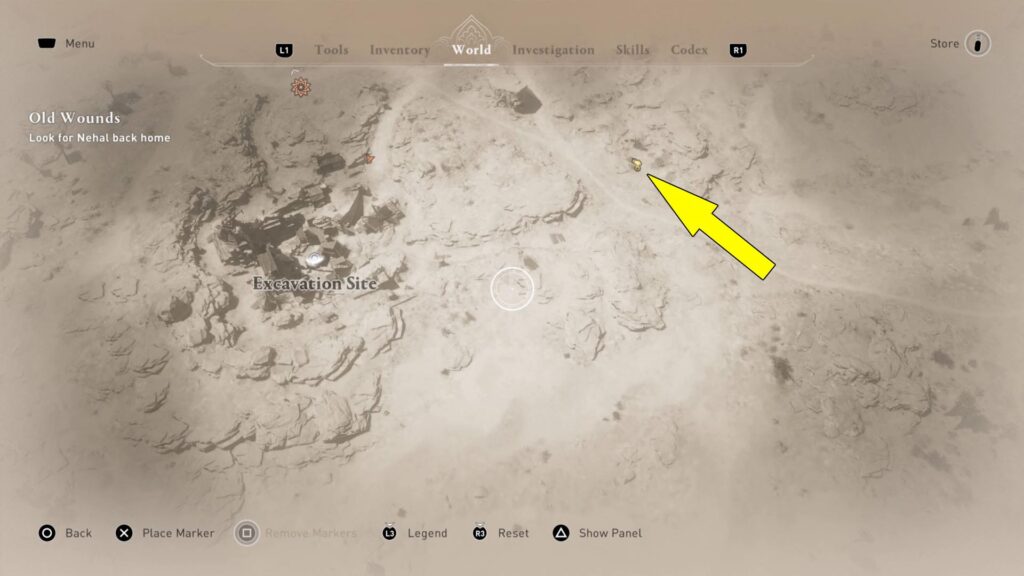 The second Assassin's Creed Mirage Wilderness Artifact in found east of the Excavation Site landmark