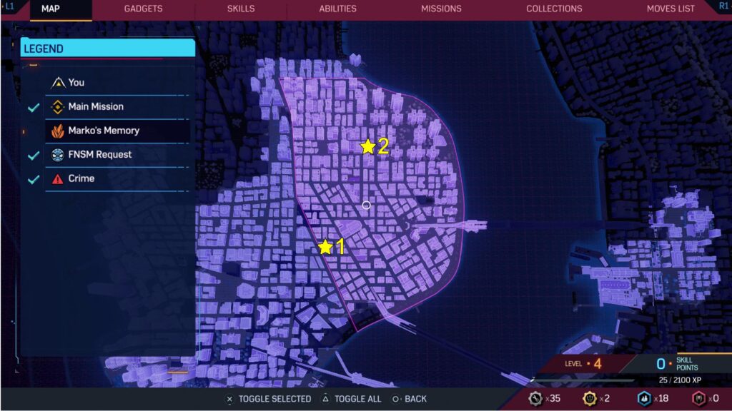 The map shows the locations of the two Spider-Man 2 Chinatown Marko’s Memories collectibles.