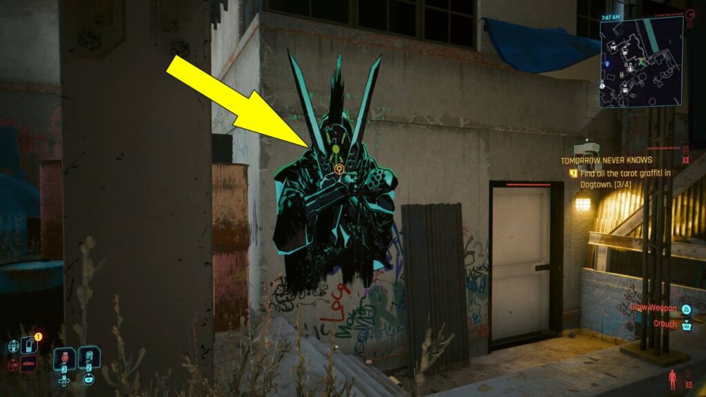 Near the back exit of The Moth bar in the Longshore Stacks district of Dogtown, you'll come across the third Graffiti Tarot Card in CP2077 Phantom Liberty.