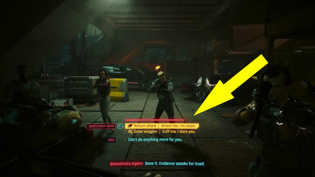 As you exit Nele's car, prepare to make an important choice: hand over Nele to the Biotechnica Agents who claim she is responsible for the deaths of 32 civilians, or kill the agents to save her.