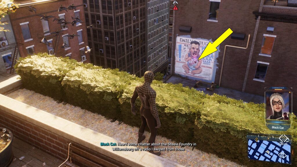 The second Marvel's Spider-Man 2 Greenwhich Spider Bot is on a poster showing JJ Jameson