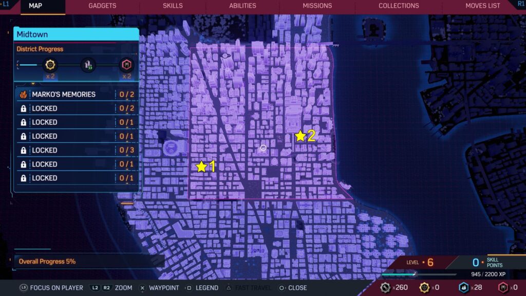 The map shows the two locations of the two Spider-Man 2 Marko’s Memories in Midtown