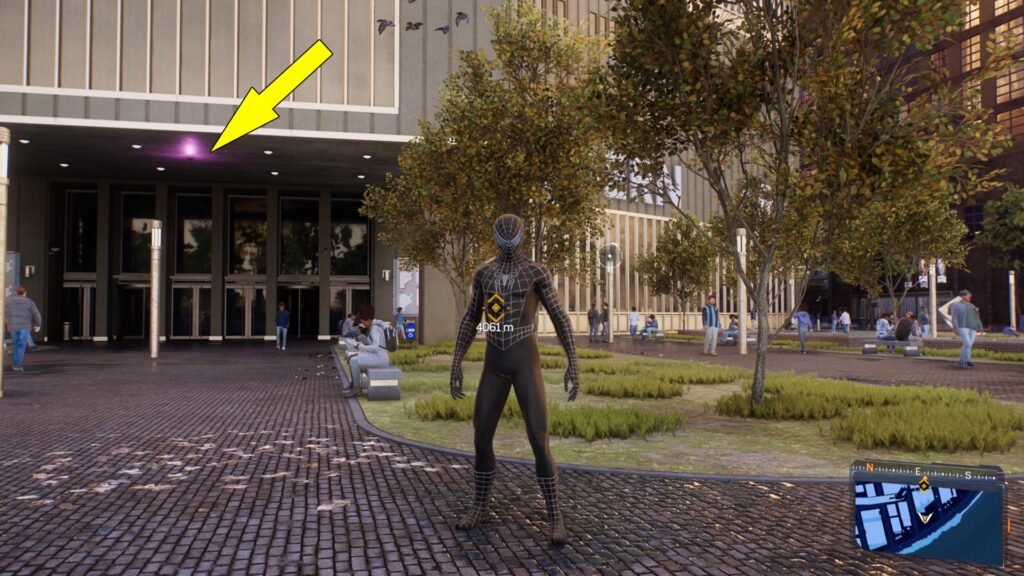 The last Spiderbot is on the ceiling above the entrance to the Modern building.