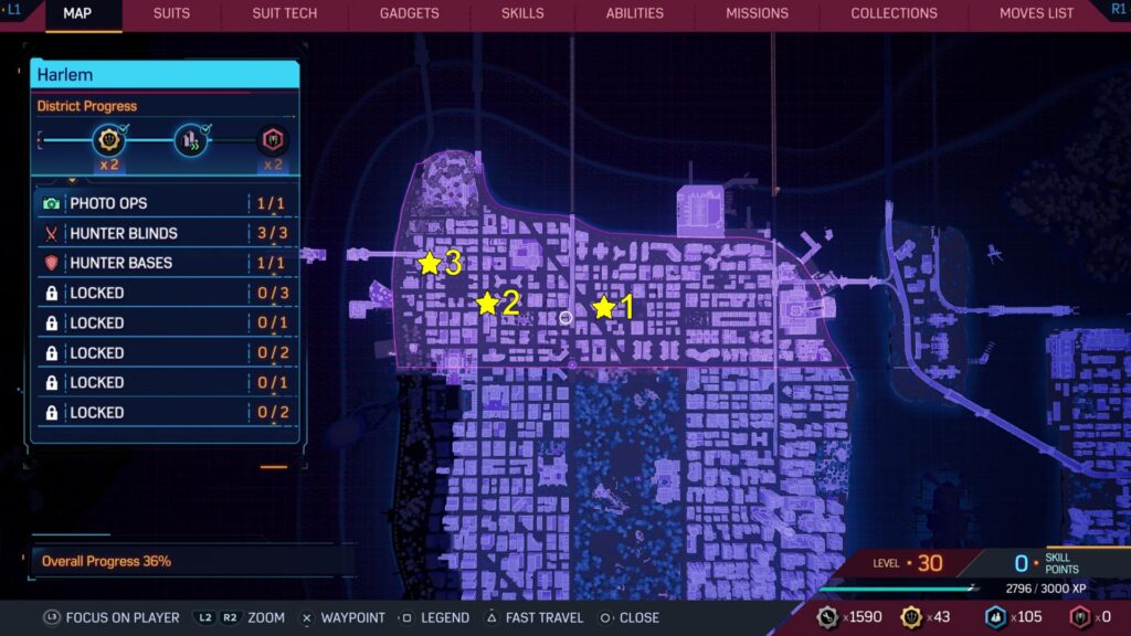 The map shows the locations of all Harlem Hunter Blinds in Spider Man 2