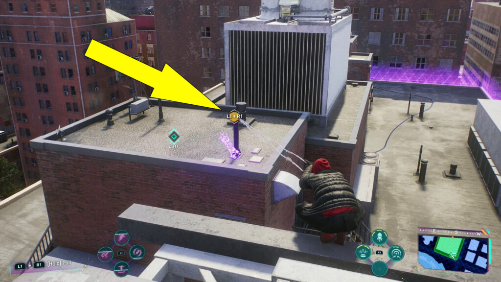 Head to the top of the billboard on the opposite side. Hold the L1 and R1 buttons at the same time to pull the pipe.