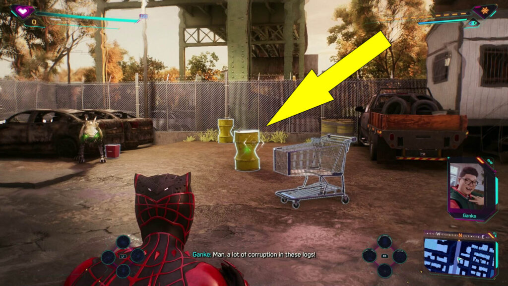 Shoot Webs at the nearby highlighted objects to play fetch with the beast.