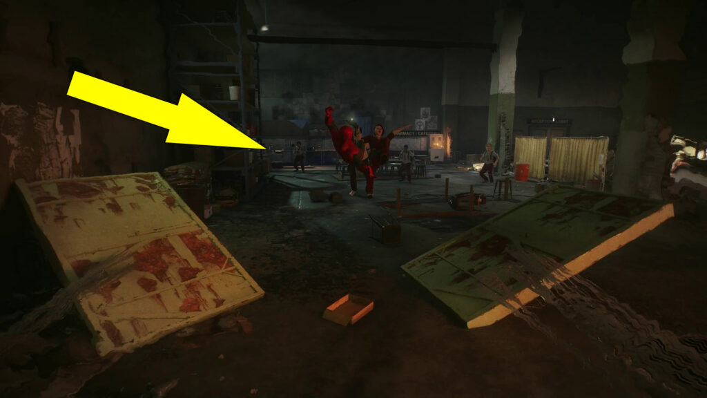 Kick through the doors to reach the final room with enemies.