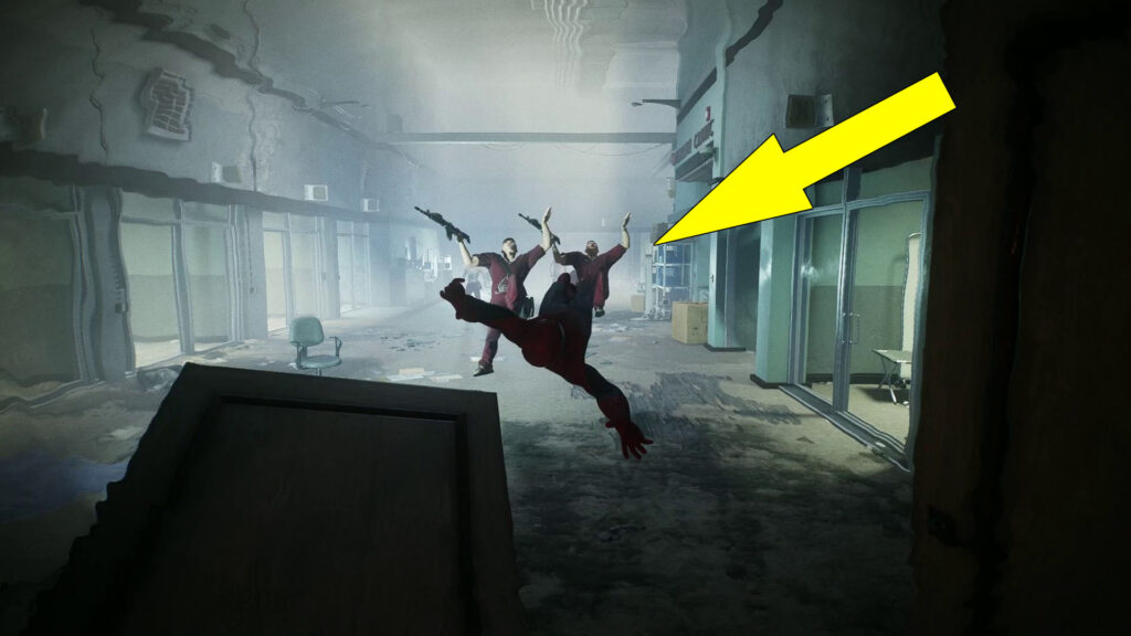 Press L2 and R2 to perform a kick through the doors.
