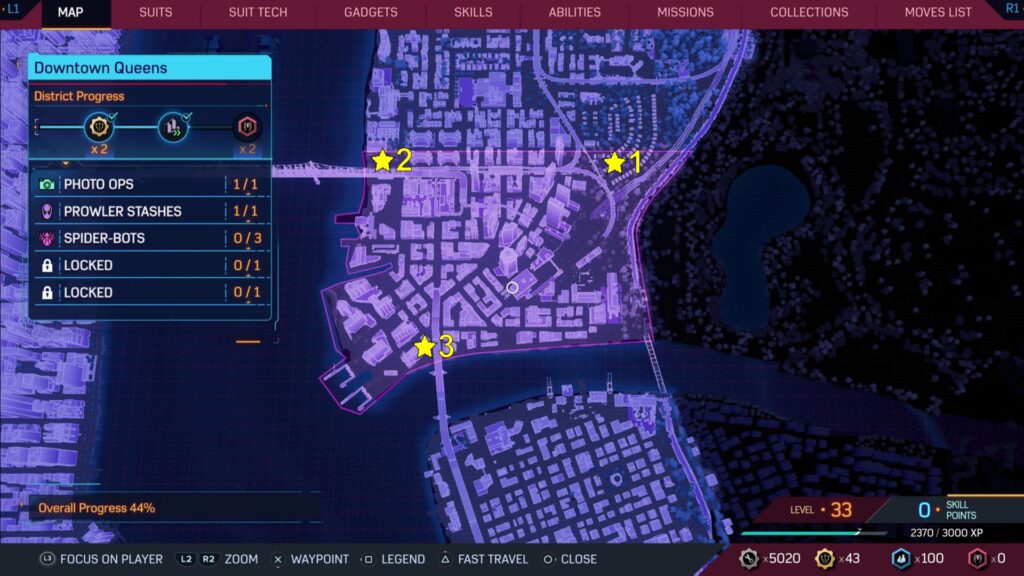The map shows the locations of the three Spider-Man 2 Downtown Queens Spider-Bots.