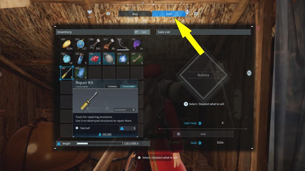 This image shows how to sell Palworld Items to Wandering Merchants.