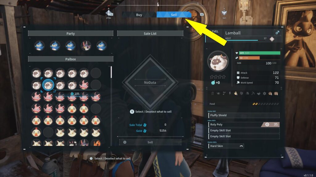 The image shows how to sell Pals in Palworld