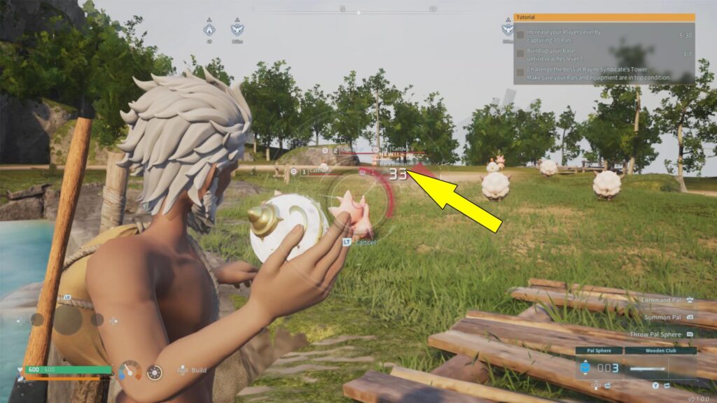 The image shows how to get a Back Bonus in Palworld by attacking a Pal from behind.