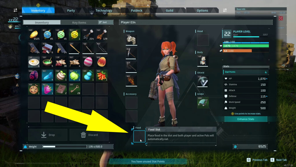 This image shows the Food hot bar and the Food Slots in Palworld.