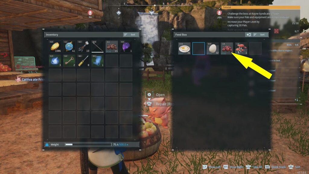 The image shows how to move food into the Palworld Feed Box.