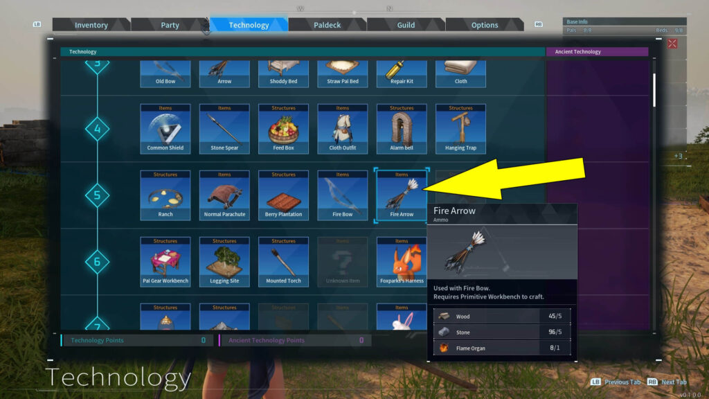 The screenshot shows how to unlock the Fire Arrow in Palworld.