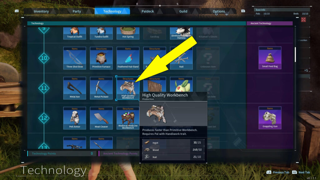 The screenshot shows how to unlock a Palworld High Quality Workbench.