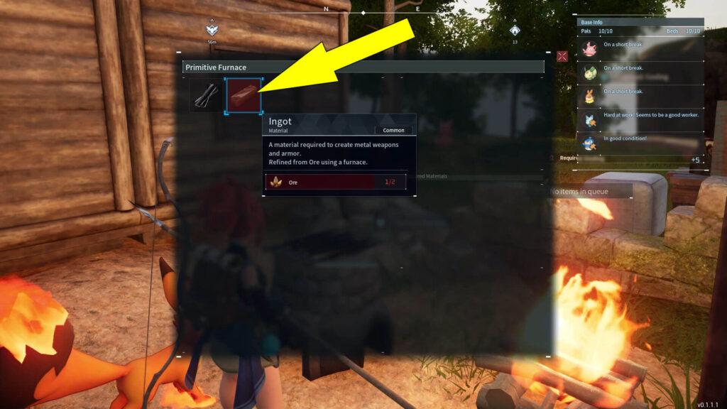 The screenshot shows how to craft Ingots in Palworld.