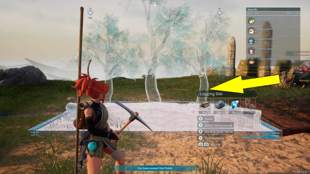 The image shows how to build a Logging Site in Palworld