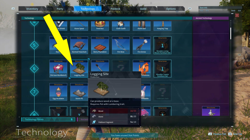 The screenshot shows how to unlock a Palworld Logging Camp.