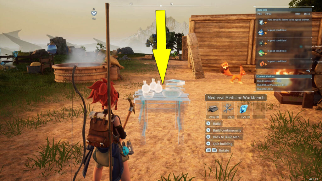 The screenshot shows how to build a Palworld Medieval Medicine Workbench.