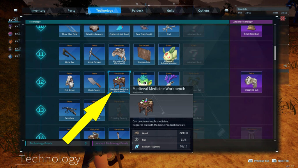 The image shows how to unlock the Medieval Medicine Workbench in Palworld