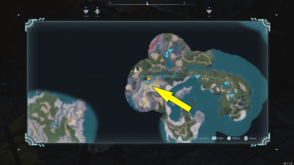 The image shows the location of a Palworld Settlement where you can find a Pal Merchant.