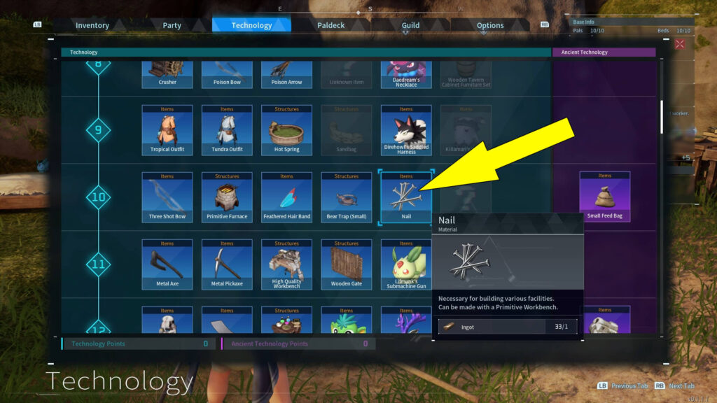 The image shows how to unlock Nails in Palworld.