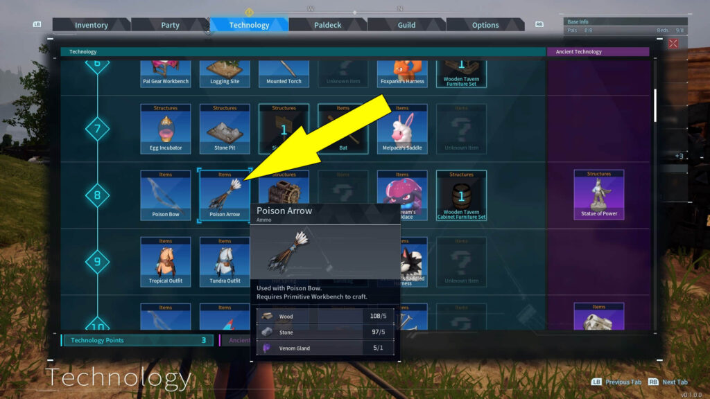 The image shows how to unlock the Poison Arrows in Palworld.