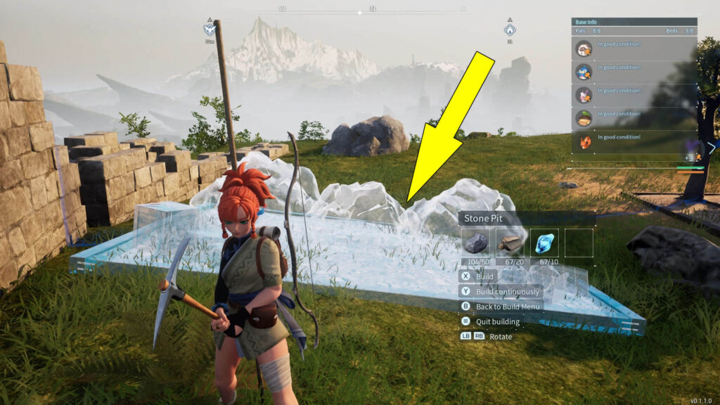 The screenshot shows how to build a Stone Pit Mine in Palworld.