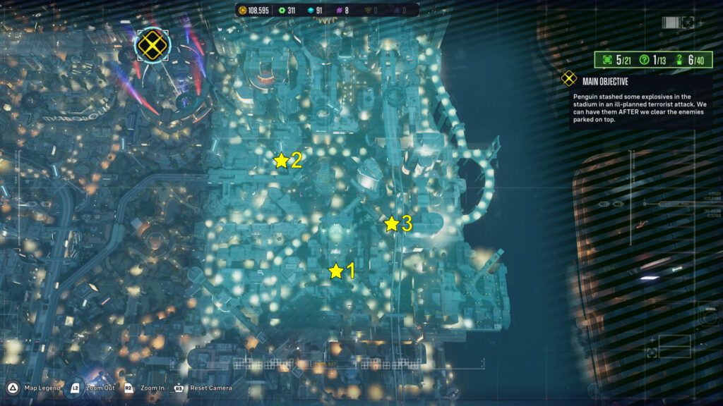This map shows the locations of the three Riddler's Riddles solutions in Midtown area of Suicide Squad Kill The Justice League.
