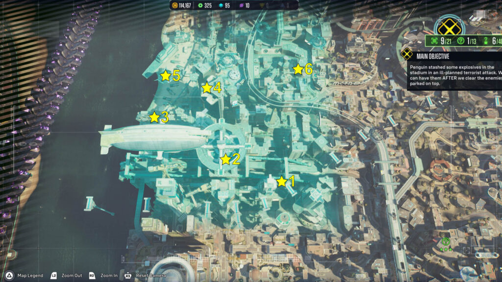 This map shows the locations of all six Riddler Trophies in Wonderland District of Suicide Squad.